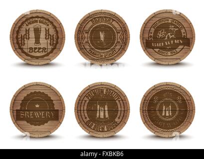 Emblèmes de la bière en bois mats icons set Illustration de Vecteur