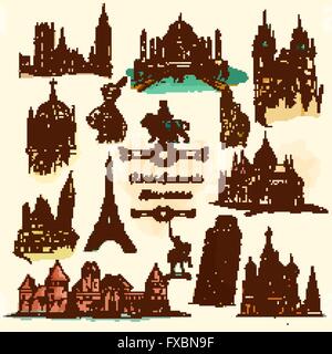 World Landmarks Sketch Vintage Icons Set Illustration de Vecteur