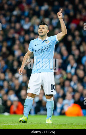 Manchester, UK. 12 avr, 2016. Sergio Aguero (Man C) Football/soccer : Sergio Aguero de Manchester City lors de la Ligue des Champions 2e quart de finale match aller entre Manchester City et le Paris Saint-Germain au stade Etihad à Manchester, Angleterre . © AFLO/Alamy Live News Banque D'Images