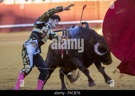 Séville, Espagne. 14 avr, 2016. Torero Jose Manuel Garrido effectue la suerte de espadas après avoir été décousu par un taureau lors d'une corrida de la ''Feria de Abril'' (Foire d'avril) célébrée à arènes Real Maestranza de Séville : Crédit Daniel Gonzalez Acuna/ZUMA/Alamy Fil Live News Banque D'Images