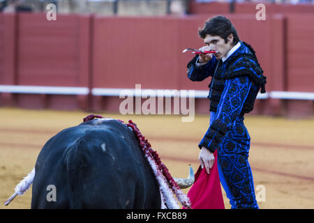 Séville, Espagne. 14 avr, 2016. Torero français Sébastien Castella exécute la suerte de espadas lors d'une corrida de la ''Feria de Abril'' (Foire d'avril) célébrée à arènes Real Maestranza de Séville : Crédit Daniel Gonzalez Acuna/ZUMA/Alamy Fil Live News Banque D'Images