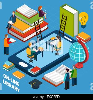 Bibliothèque en ligne concept isométrique Illustration de Vecteur
