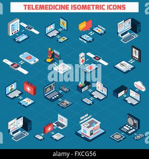 Isométrique de télémédecine icons set Illustration de Vecteur