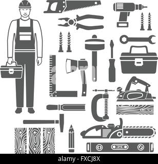 Outils de menuiserie silhouettes noires Icons Set Illustration de Vecteur