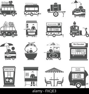 L'alimentation de rue Noir Blanc Icons Set Illustration de Vecteur