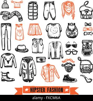 Vêtements de mode hipster doodle icons set Illustration de Vecteur