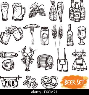 Doodle noir bière icons set Illustration de Vecteur