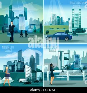 Paysages urbains modernes 4 icônes télévision square Illustration de Vecteur