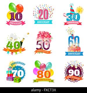 Anniversaire anniversaire emblèmes icons set Illustration de Vecteur