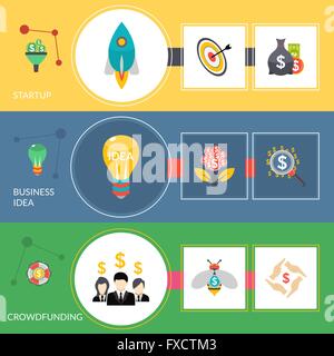 Crowdfunding démarrage Bannières horizontale plate set Illustration de Vecteur