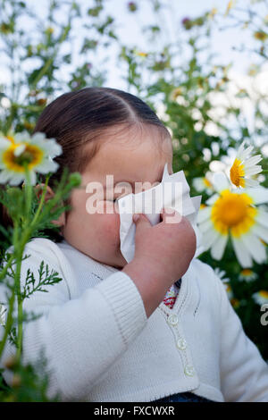 4 ans dormant dans un éternuement bébé fille fleurs daisy pré. Elle est allergique aux fleurs Banque D'Images