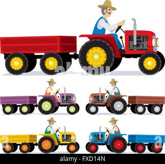 Conduite du tracteur ancien agriculteur. Vous pouvez placer le produit ou d'autres trucs dans la remorque. Vous trouverez ci-dessous la même photo en 4 couleurs différentes Illustration de Vecteur