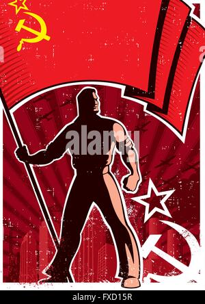 Poster rétro avec porte-drapeau de l'URSS de bannière holding. Illustration de Vecteur