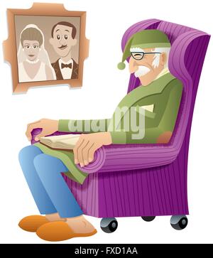 Vieil homme dormir dans un fauteuil avec livre sur ses genoux. Illustration de Vecteur