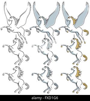 Pégase, licorne et étalon art clip aucune transparence et dégradés utilisés. Illustration de Vecteur