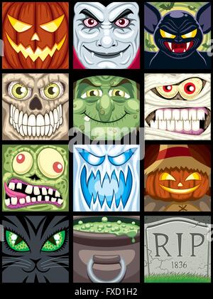 Ensemble de 12 carrés Halloween avatars. Illustration de Vecteur