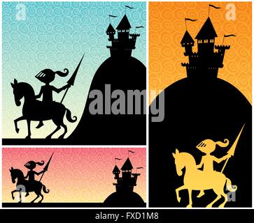 Ensemble de bannières caricature avec Knight et château des silhouettes, et copie de l'espace pour votre texte. Illustration de Vecteur