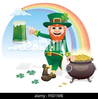 Leprechaun avec verre de bière verte et pot d'or. Illustration de Vecteur