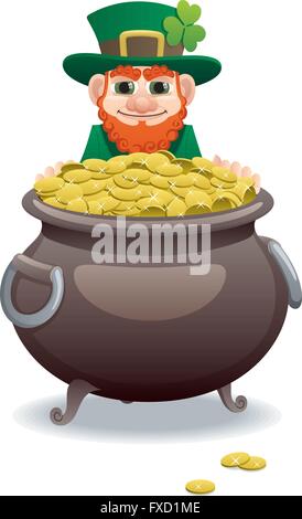 Leprechaun tentant avec son pot d'or. Illustration de Vecteur