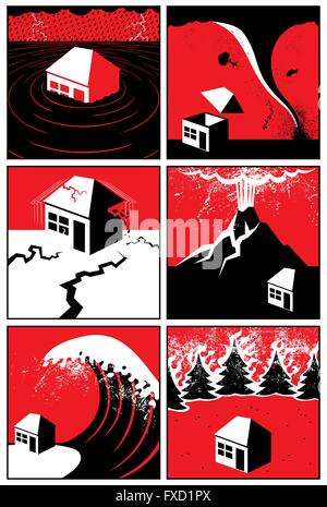 Ensemble de 6 illustrations et icônes des catastrophes naturelles. Illustration de Vecteur