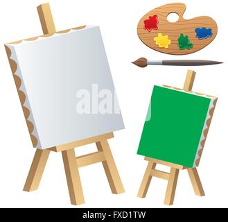 Cartoon illustration de toile, pinceau, palette et chevalet isolé sur fond blanc. Il y a une version de la toile Illustration de Vecteur