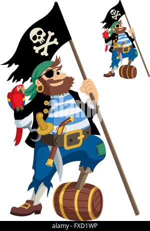 Heureux pirate avec tous ses accessoires. Sur la petite photo est le même pirate, mais sans nuances. Illustration de Vecteur