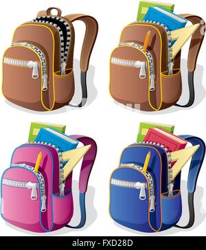 Sac à dos pour l'école en 4 versions différentes. Illustration de Vecteur