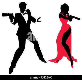 Silhouettes de couple d'espion sur fond blanc. Pas de transparence et des dégradés utilisés. Illustration de Vecteur