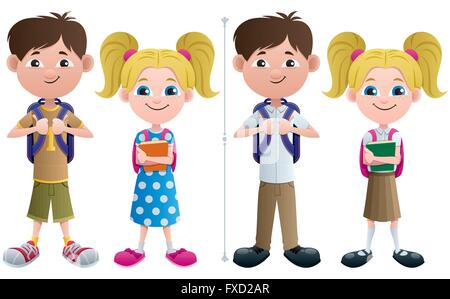 Vector illustration d'écolier et lycéenne en 2 versions - Ambiance décontractée et à l'uniforme scolaire. Illustration de Vecteur