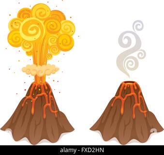 Cartoon illustration de volcan en 2 versions. Illustration de Vecteur