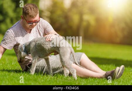 Les hommes en jouant avec son Bedlington Terrier Chien dans le parc au cours de journée d'été. Chien Le Meilleur Ami de l'homme. Banque D'Images