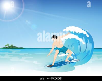 Homme surf sur les vagues. Illustration de Vecteur