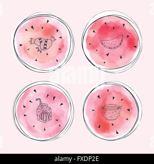 Tranches de melon d'aquarelle vecteur dessiné à la main et doodle dessert. Les cercles peints à la collection. Illustration de Vecteur