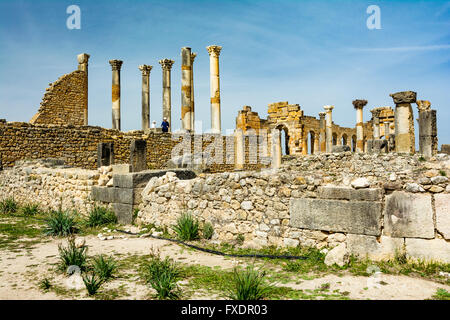 Le temple capitolin. Dans l'arrière-plan la basilique. Volubilis, vestiges de la ville romaine près de Meknès. Banque D'Images