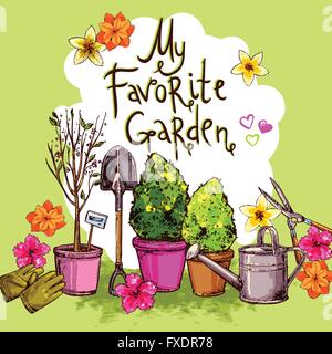 Jeu de croquis de jardin Illustration de Vecteur