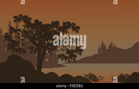 Nuit Paysage, Montagnes, rivière et arbres Silhouettes Illustration de Vecteur