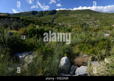TURQUIE Antakya, vue sur la montagne Musa Dagh, environ 4000 villageois arméniens de sept villages ont fui pendant le génocide 1915 dans la première guerre mondiale sur la montagne de 1355 mètres de haut Musa Dagh et ont lutté pendant 40 jours contre l'expulsion par les ottomans , de nombreux Arméniens sont morts dans la bataille et la faim, Mais à la fin les survivants ont été évacués par les navires de guerre français, beaucoup là où s'est réinstallée à Anjar au Liban, l'auteur autrichien Franz Werfel a publié 1933 le roman "les quarante jours de Musa Dagh" sur cet incident historique et le génocide, reste de la ruine de l'église arménienne Banque D'Images