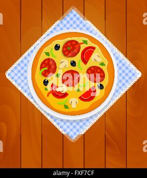 Pizza en plaque blanche sur une serviette de cuisine Planches à Backgrou Illustration de Vecteur