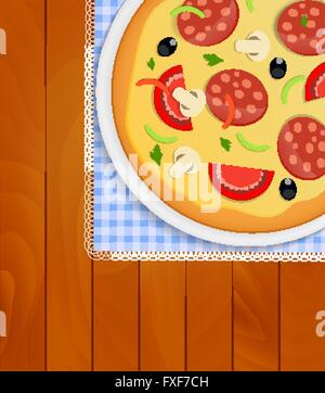 Pizza en plaque blanche sur une serviette de cuisine Planches à Backgrou Illustration de Vecteur