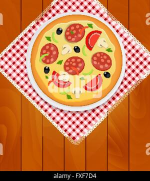 Pizza en plaque blanche sur une serviette de cuisine Planches à Backgrou Illustration de Vecteur