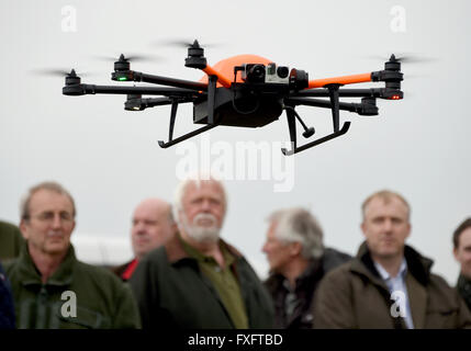 Osdorf, Allemagne. Apr 15, 2016. D'un drone équipé d'une caméra infrarouge planant au-devant des chasseurs à Osdorf, Allemagne, 15 avril 2016. Au cours de l'exécution d'un test, le bourdon est utilisé pour découvrir les faons dans les champs pour les sauver de l'exploitants. Les faons 3 000 meurent chaque année pendant la récolte dans le Schleswig-Holstein, 90 000 dans tout le pays. PHOTO : CARSTEN REHDER/dpa/Alamy Live News Banque D'Images