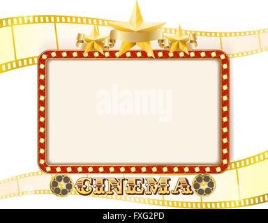 Retro cinema sign banner avec des lumières, des stars, des films en bande et rouleaux. vector Illustration de Vecteur