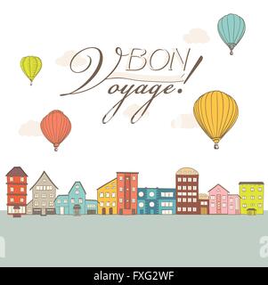 Montgolfières survolant vintage maisons de ville avec Bon Voyage texte. vector illustration Illustration de Vecteur