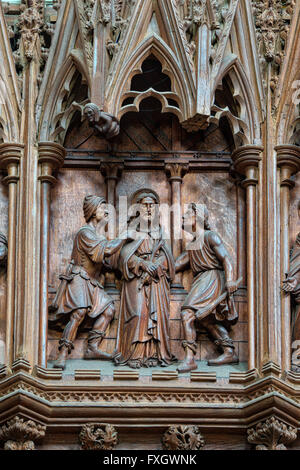 Cathédrale d'Ely en bois 19e siècle déclaration de Jésus sur l'auvent de la sculpture en choeur. Ely, Cambridgeshire, Angleterre Banque D'Images