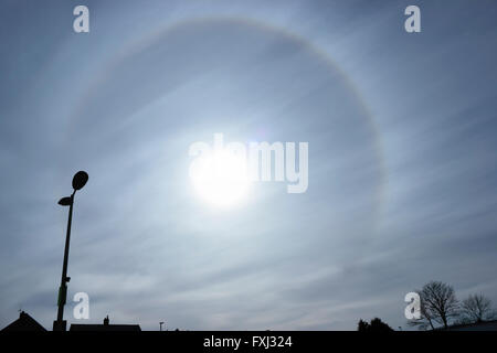 22° un halo autour du soleil arc-en-ciel circulaire causé par la diffraction de la lumière à travers les cristaux de glace dans l'atmosphère. Sun Chien. Banque D'Images