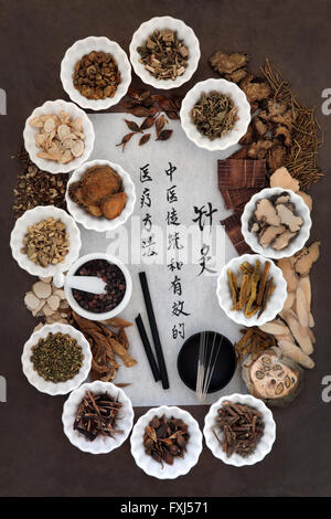 Les aiguilles d'Acupuncture, bâtonnets de moxa et médecine de fines herbes chinoise calligraphie avec sélection de script. Banque D'Images