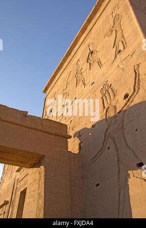 Sculpté le mur de temple d'Isis à Philae Island dans le coucher du soleil la lumière. (Egypte) Banque D'Images