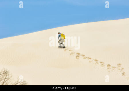 Photographe à monter une dune de sable, little Sahara, Kangaroo Island, Australie du Sud, SA, Australie Banque D'Images