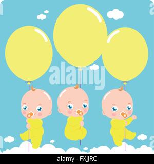 Triplés bébé volant dans le ciel holding balloons. Illustration de Vecteur