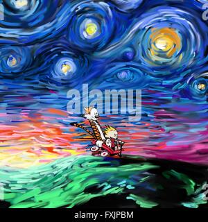 Calvin et Hobbes dans Van Gogh Nuit étoilée effet Peinture Banque D'Images